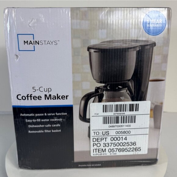 Mainstays 5 Cup Coffee Maker Kitchen Appliance Brew Senior Living College Dorm - Picture 4 of 11